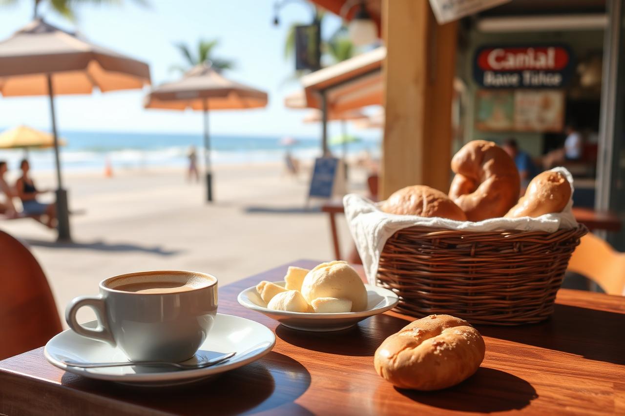 Café e pães em mesa de padaria à beira-mar